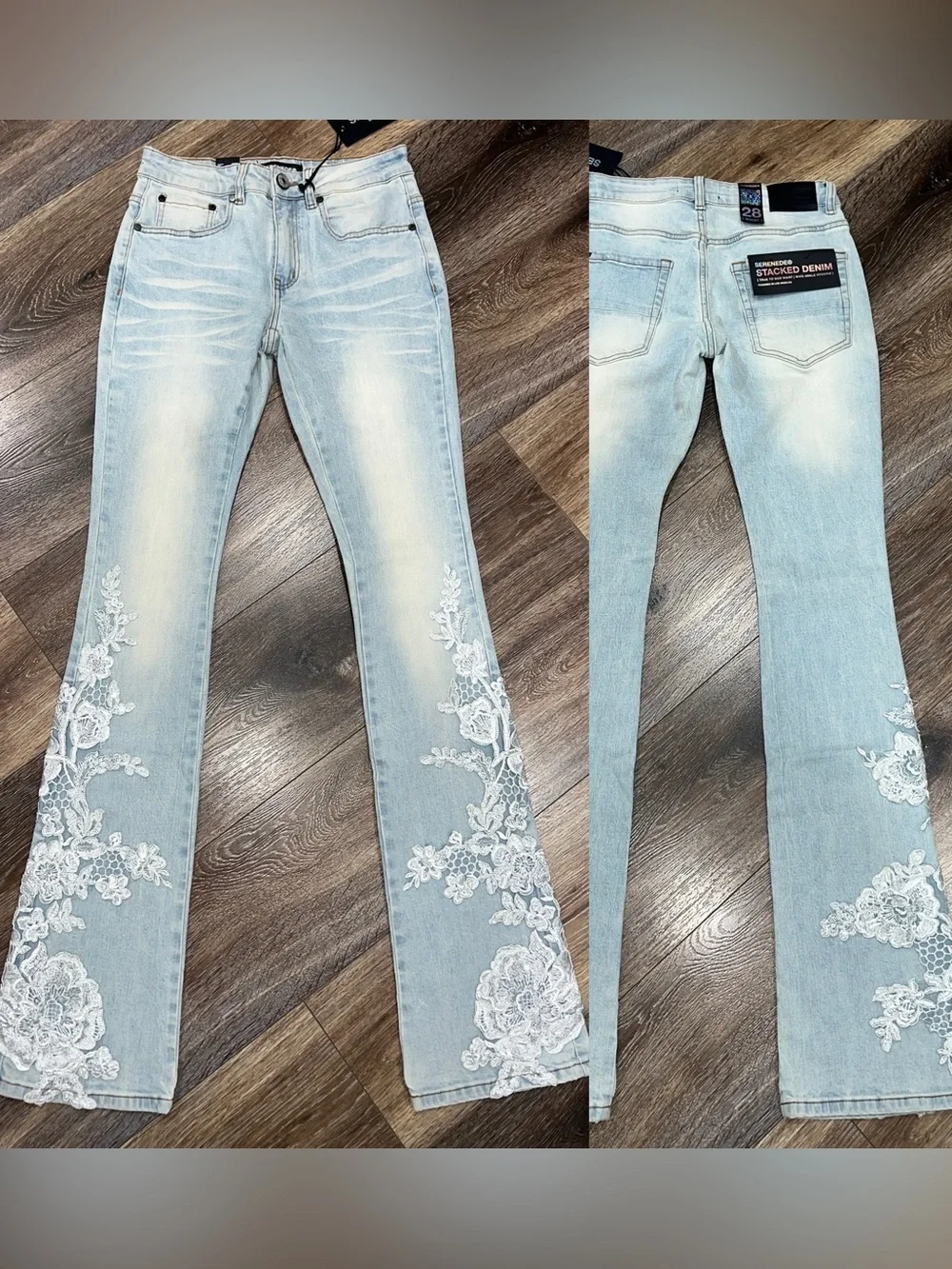 Serenede Garden Stacked Lace Applique Light Wash Unisex Denim Jeans 